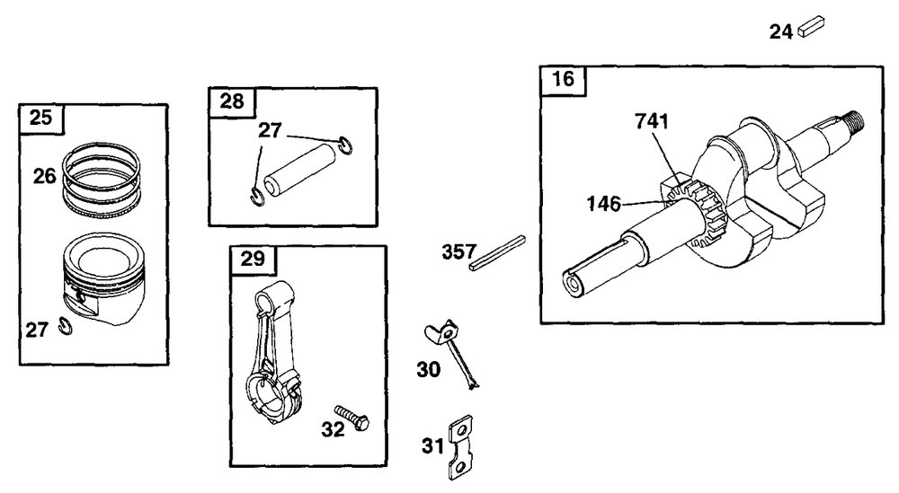 Piston Grp, Crankshaft Diagram and Parts List for 222417-0151-XX  Briggs and Stratton Engine